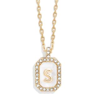 BaubleBar Initial Necklace – Dainty Gold-Plated Personalized Letter Pendant Necklace, Small Dog Tag Style Design(Mother of Pearl)