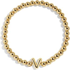 BaubleBar Initial Pisa Custom Bracelet, Trendy Gold-Plated Beads, Fashion Jewelry, Popular Initial Letter Bracelet, Stretchy Fit for Kids and Adults(Letter V)
